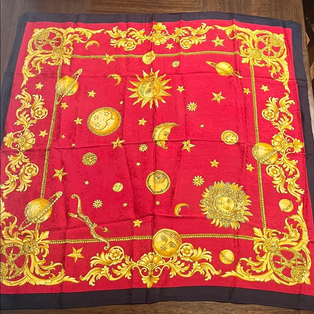 VINTAGE SILK Red and Gold Celestial Scarf SUN AND MOON